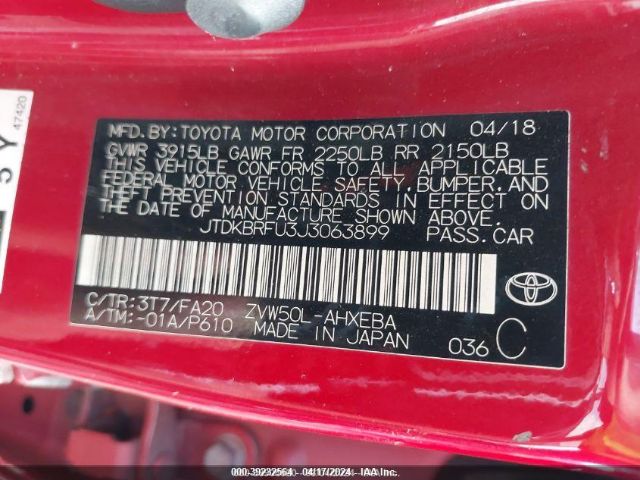 JTDKBRFU3J3063899 Toyota Prius Two