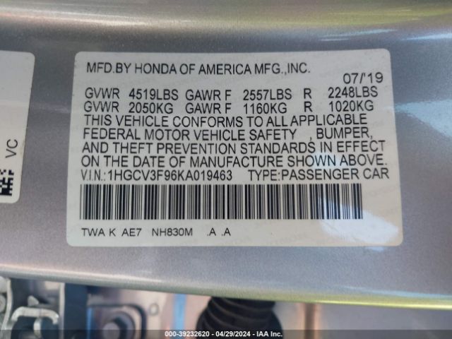 1HGCV3F96KA019463 Honda Accord Hybrid Touring