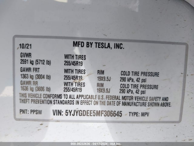 5YJYGDEE5MF306645 Tesla Model Y Long Range Dual Motor All-wheel Drive