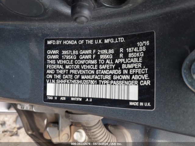 SHHFK7H53HU207801 Honda CIVIC EX