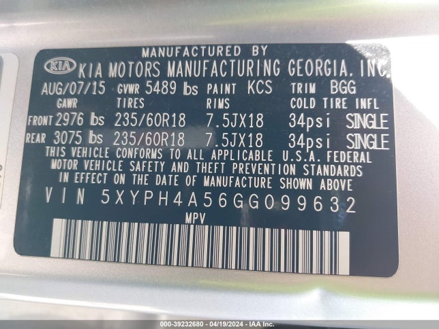 KIA Sorento 3.3l Ex 2016 5XYPH4A56GG099632 Image 9