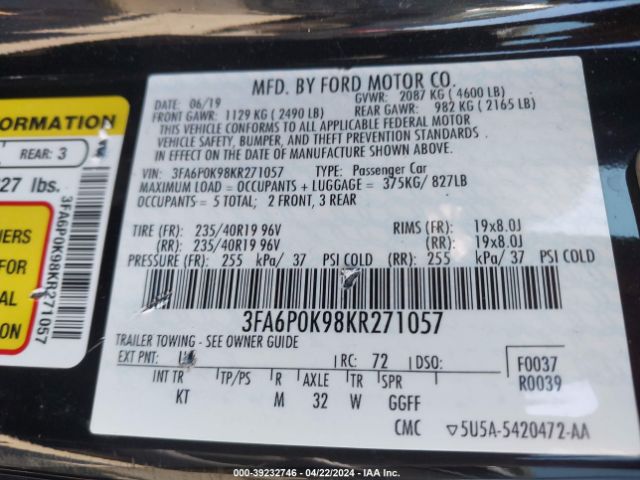 3FA6P0K98KR271057 Ford Fusion Titanium