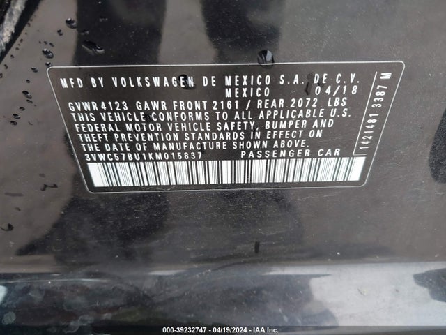3VWC57BU1KM015837 Volkswagen Jetta 1.4t R-line/1.4t S/1.4t Se