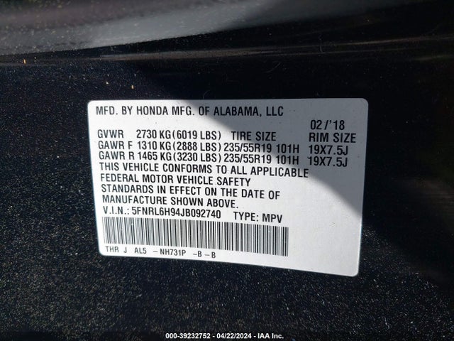 Honda Odyssey Elite 2018 5FNRL6H94JB092740 Image 9