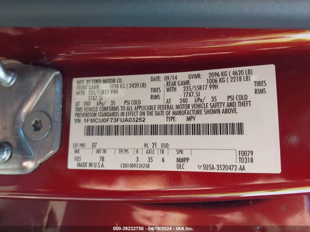 Ford ESCAPE S 2015 1FMCU0F73FUA03252 Image 9