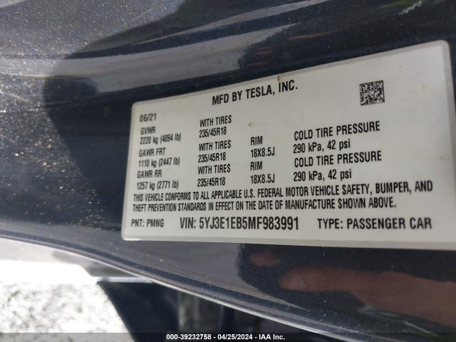 5YJ3E1EB5MF983991 Tesla Model 3 Long Range Dual Motor All-wheel Drive