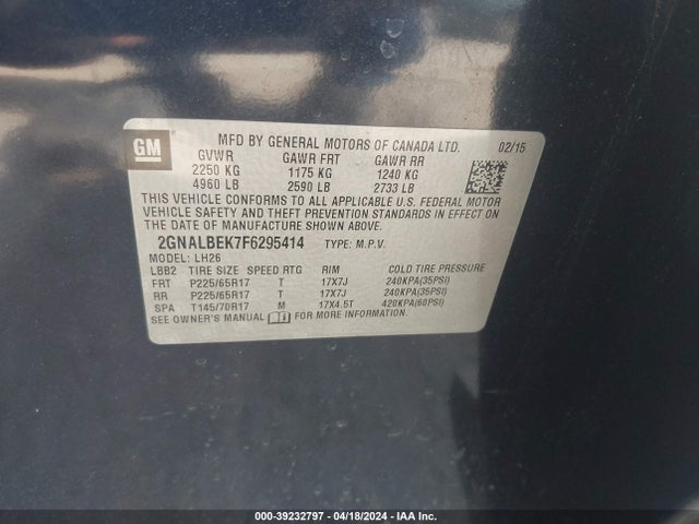 Chevrolet EQUINOX 1LT 2015 2GNALBEK7F6295414 Image 9