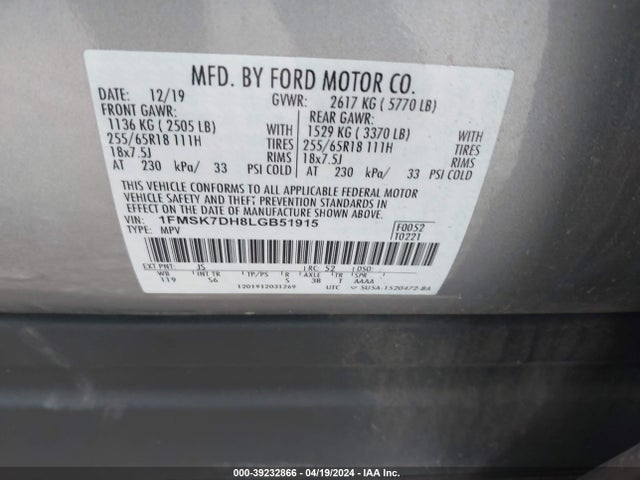 Ford EXPLORER XLT 2020 1FMSK7DH8LGB51915 Image 9
