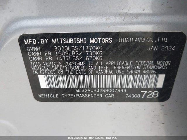 ML32AUHJ2RH007933 Mitsubishi Mirage Es/le