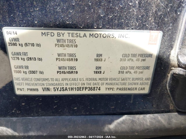 5YJSA1H10EFP36874 Tesla Model S 60 Kwh Battery/p85