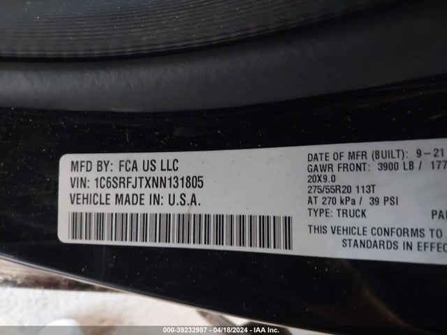 1C6SRFJTXNN131805 RAM 1500 Laramie  4x4 5'7 Box
