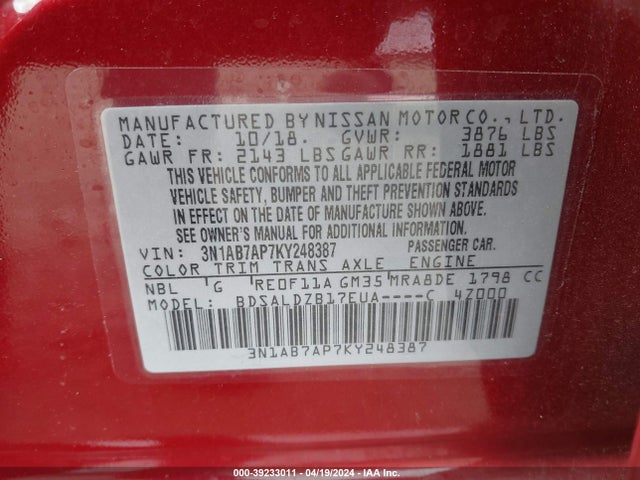 Nissan SENTRA SV 2019 3N1AB7AP7KY248387 Image 9