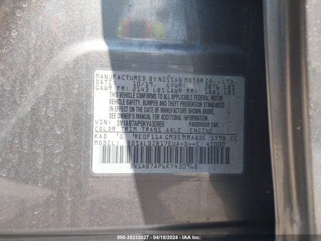 Nissan SENTRA SV 2019 3N1AB7AP6KY430968 Image 9