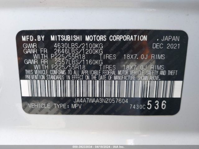 JA4ATWAA3NZ057604 Mitsubishi Eclipse Cross Se S-awc/se Special Edition S-awc/sel S-awc/sel Special Edition S-awc