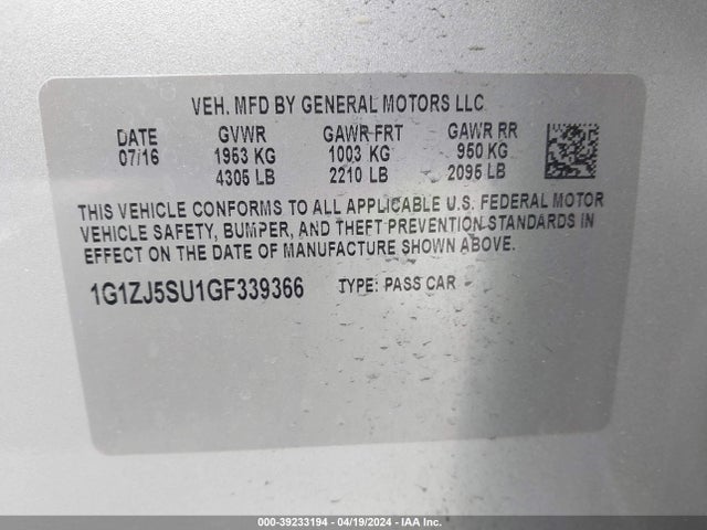 1G1ZJ5SU1GF339366 Chevrolet MALIBU HYBRID