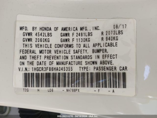 1HGCR3F86HA045355 Honda Accord Ex-l V6