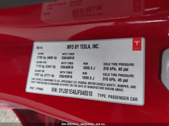 5YJ3E1EA0JF040510 Tesla Model 3 Long Range/mid Range