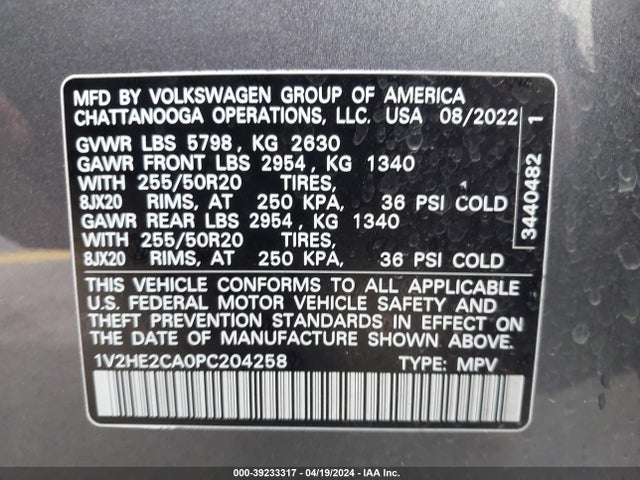 1V2HE2CA0PC204258 Volkswagen Atlas Cross Sport 3.6l V6 Se W/technology