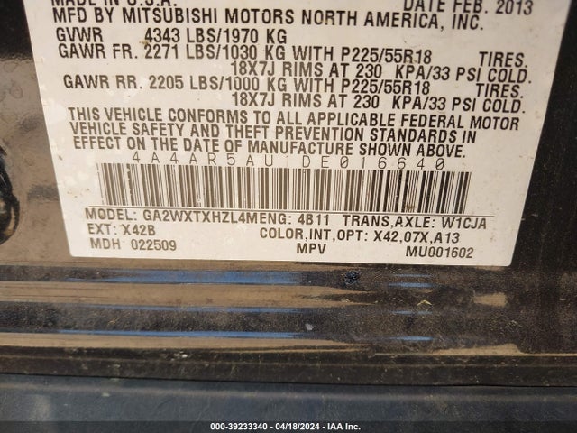 2013 Mitsubishi Outlander Sport Le მანქანა იყიდება აუქციონზე, vin: 4A4AR5AU1DE016640, აუქციონის ნომერი: 39233340