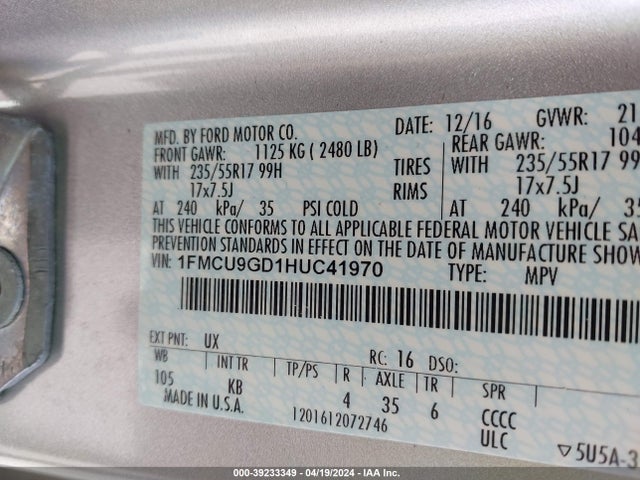 Ford ESCAPE SE 2017 1FMCU9GD1HUC41970 Image 9