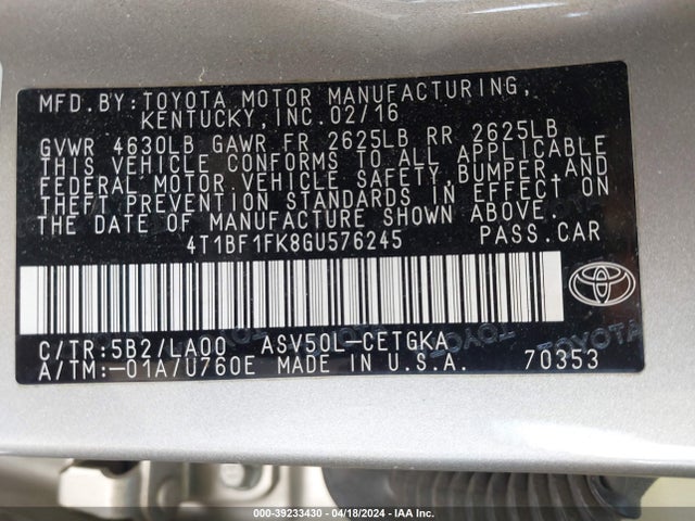 Toyota CAMRY XLE 2016 4T1BF1FK8GU576245 Image 9