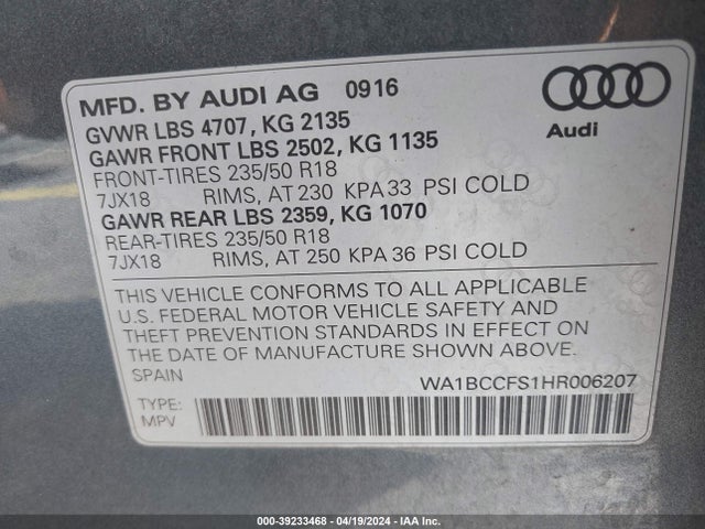 WA1BCCFS1HR006207 Audi Q3 2.0t Premium