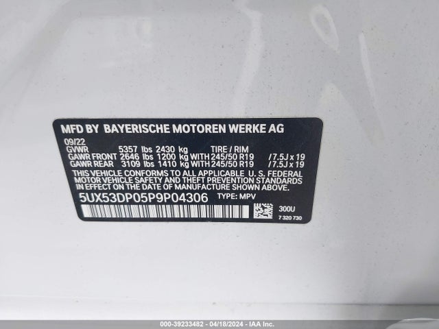 BMW X3 Xdrive30i 2023 5UX53DP05P9P04306 Image 9