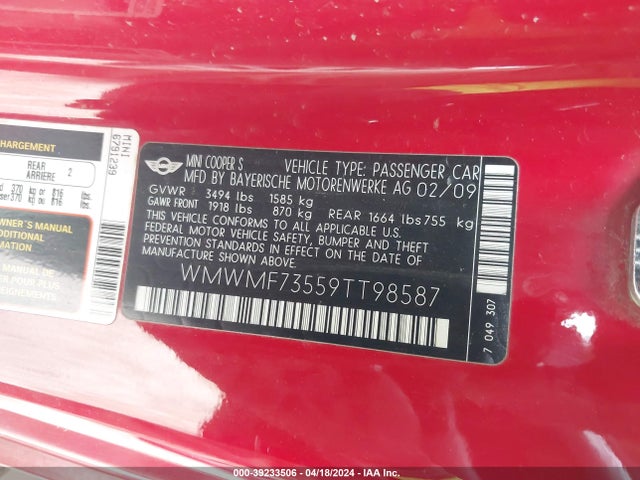 2009 MINI COOPER S WMWMF73559TT98587 Photo 8