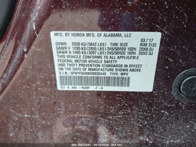 5FNYF6H9XHB030448 Honda Pilot Touring