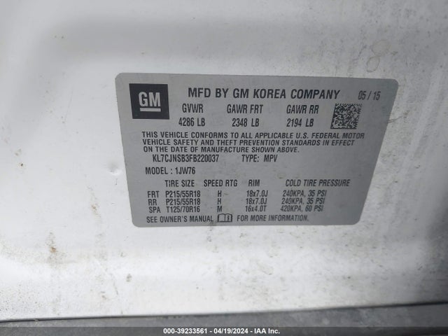 Chevrolet TRAX LTZ 2015 KL7CJNSB3FB220037 Image 9