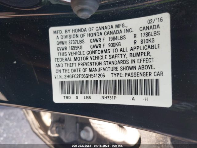 2HGFC2F56GH541206 Honda Civic Lx
