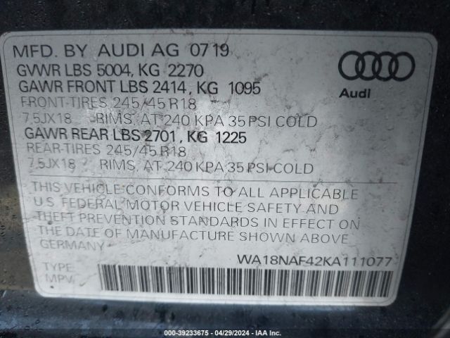 2019 AUDI A4 ALLROAD WA18NAF42KA111077 Photo 8