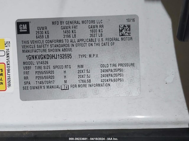 Chevrolet Traverse 1lt 2017 1GNKVGKD9HJ192695 Image 9