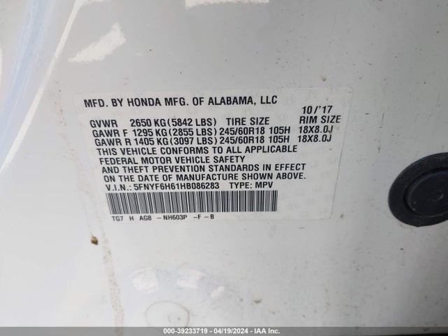 Honda Pilot Ex-l 2017 5FNYF6H61HB086283 Image 9