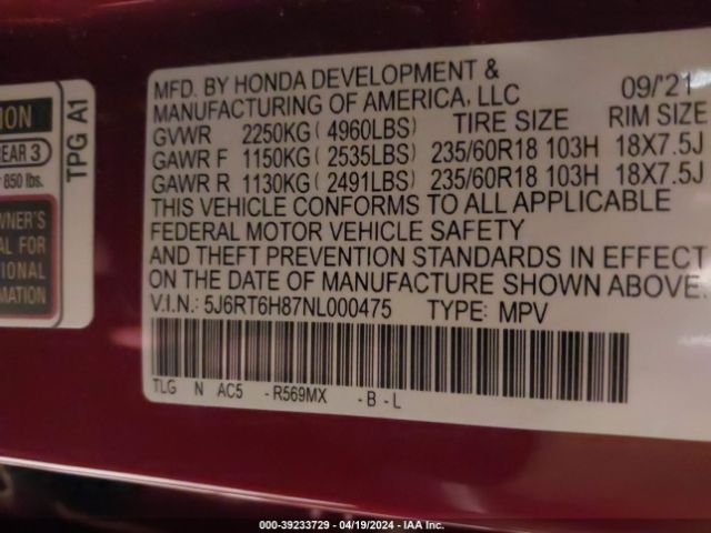 5J6RT6H87NL000475 Honda Cr-v Hybrid Ex-l