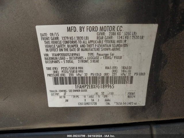 Ford TAURUS SEL 2015 1FAHP2E8XFG189965 Image 9