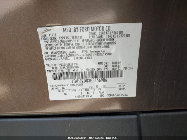 Ford TAURUS SE 2016 1FAHP2D83GG156986 Image 9