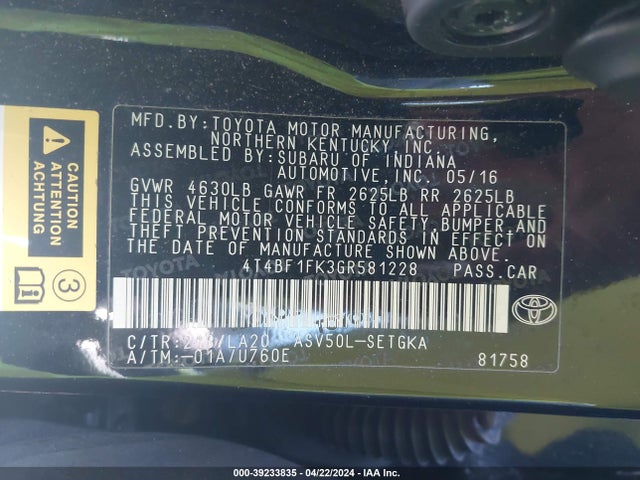 Toyota CAMRY XLE 2016 4T4BF1FK3GR581228 Image 9