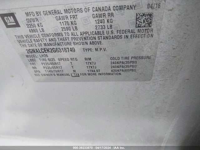 Chevrolet EQUINOX LT 2016 2GNALCEK2G6318749 Image 9