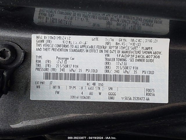 Ford FOCUS SE 2016 1FADP3F24GL407308 Image 9