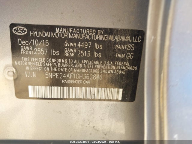 Hyundai SONATA SE 2016 5NPE24AF1GH362846 Image 9