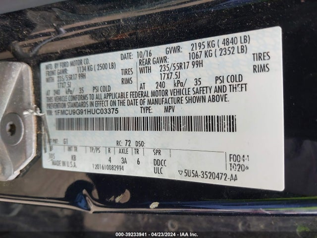 Ford ESCAPE SE 2017 1FMCU9G91HUC03375 Image 9