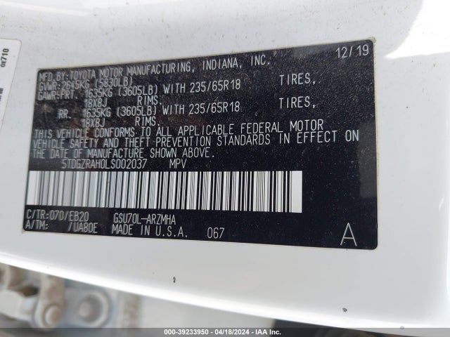 Toyota Highlander Xle 2020 5TDGZRAH0LS002037 Image 9