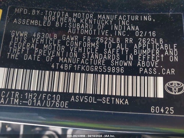 Toyota CAMRY LE 2016 4T4BF1FK0GR559896 Image 9