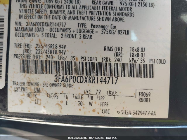 Ford FUSION SEL 2019 3FA6P0CDXKR144717 Image 9
