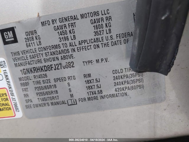 Chevrolet Traverse 2lt 2015 1GNKRHKD8FJ270682 Image 9