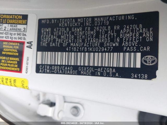 4T1BZ1FB1KU029477 Toyota AVALON XLE