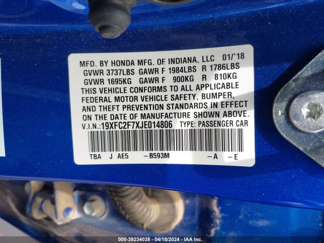 Honda CIVIC EX 2018 19XFC2F7XJE014806 Image 9