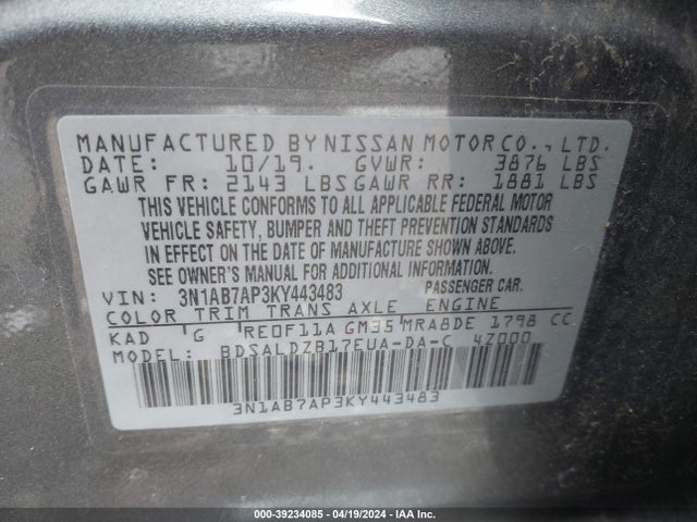 Nissan SENTRA SV 2019 3N1AB7AP3KY443483 Image 9