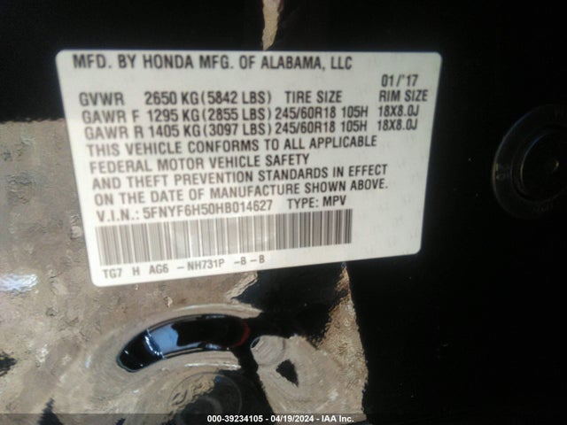 Honda Pilot Ex-l 2017 5FNYF6H50HB014627 Image 9